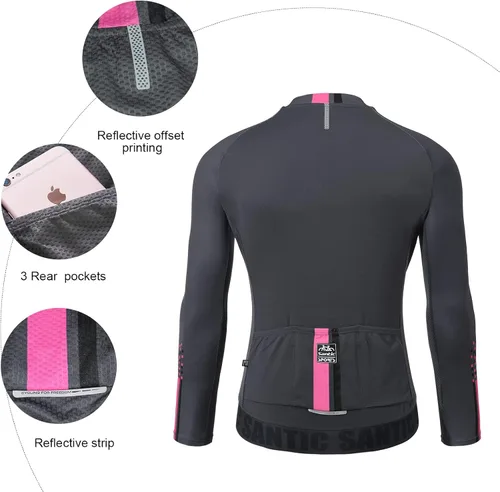 Vista 68 de Santic - Camiseta de ciclismo para hombre, manga larga, reflejante, cremallera completa, con bolsillos