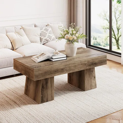 Vista 12 de LITTLE TREE - Mesa de café de granja, mesas de centro rectangulares de madera de 47 pulgadas con base gruesa, muebles modernos de cóctel y té