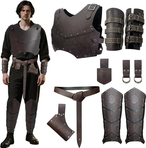 Vista 9 de Conjunto de armadura de pecho de cuero medieval vikingo para hombre, 10 piezas renacentista Cosplay LARP ajustable Ren Faire Knight armadura conjunto