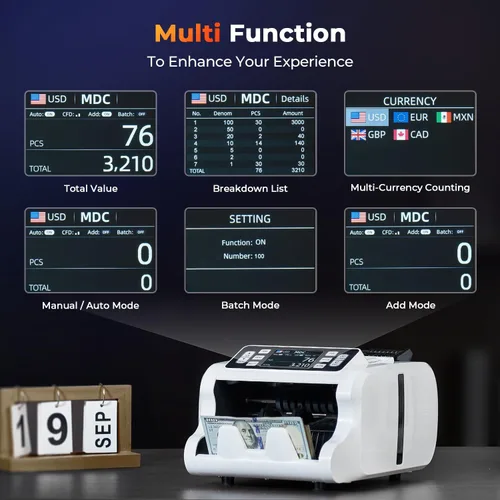 Vista 4 de MUNBYN IMC09 Máquina contadora de dinero de denominación mixta, contador de valores, contador de billetes UV/MG/IR/MT, máquina de conteo de dinero