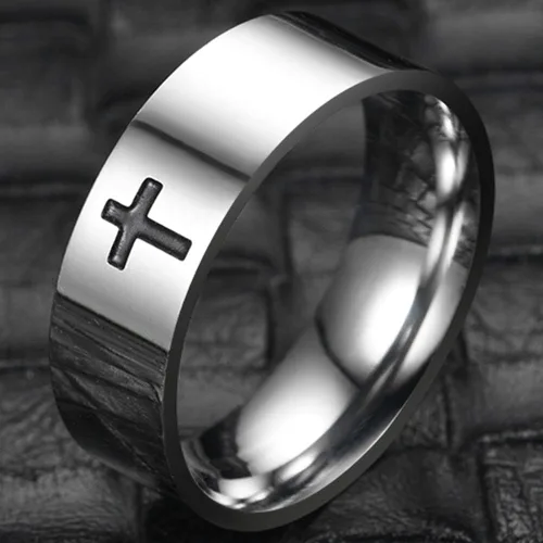 Vista 3 de Jude Jewelers Anillo de boda religioso de acero inoxidable de 0.315in con cruz cristiana simple, Metal, Zirconia cúbica