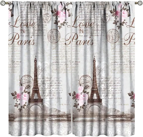 Vista 45 de Cortinas de la Torre Eiffel de París, pintura al óleo, flores moradas, torres de ciudad, con bolsillo para barra, cortinas de ventana
