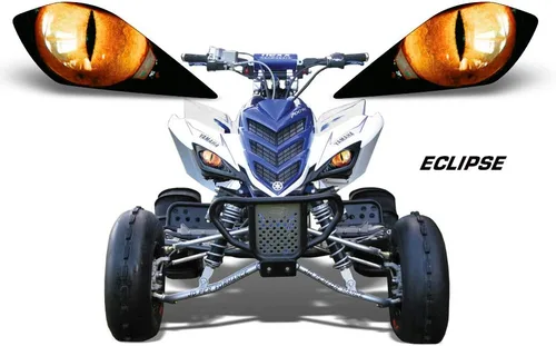 Vista 2 de AMR Racing Cubierta de calcomanías para faros delanteros de ATV, compatible con Yamaha Raptor 700/250/350, color naranja Eclipse