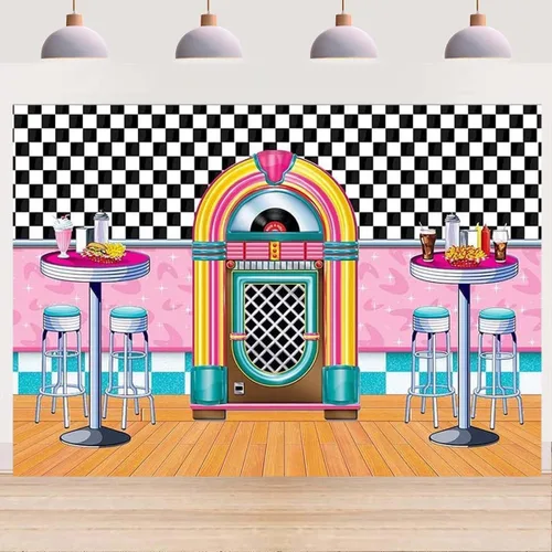 Vista 3 de Fondo de fotos de comedor clásico para cenar, fondo retro para cenar, música rock, decoración clásica de fiesta de cumpleaños, taburetes de bar