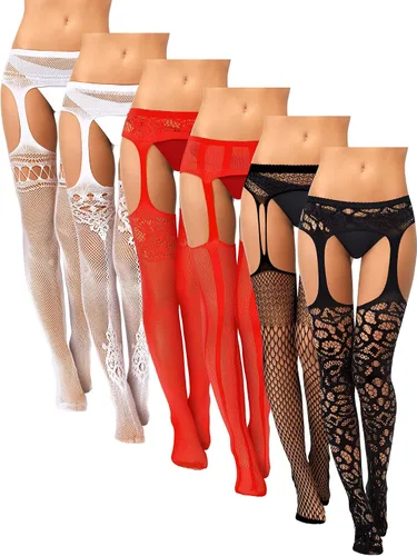 Vista 13 de Skylety 6 pares de medias de red para mujer, medias altas hasta el muslo, medias con tirantes para mujeres y niñas