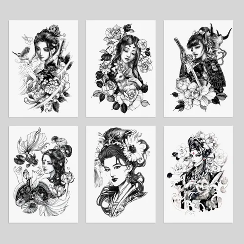 Vista 7 de 6 hojas de tatuajes temporales de geisha japonesas para mujer, color blanco y negro, Samurai Fox Koi, impermeables, tatuajes falsos para mujeres
