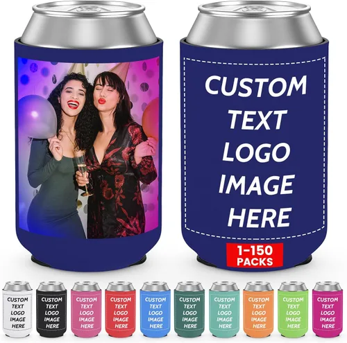 Vista 13 de Valyria Fundas enfriadoras de latas personalizadas, 1 unidad, plegable, aislante, soporte para bebidas con logotipo, imagen, texto para aniversario