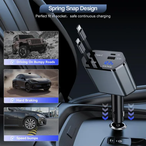 Vista 4 de Cargador de Coche Retráctil para iPhone, Cargador de Coche 4 en 1 de 66W de Carga Rápida con 2 Cables Retráctiles (PD y Lightning) y 2 Puertos