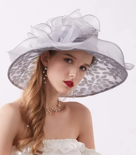 Vista 3 de Tocado de organza para mujer, para fiesta de té, boda, protección UV, sombrero de ala ancha
