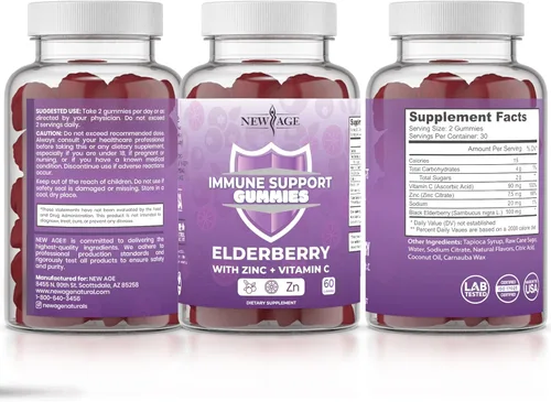 Vista 6 de NEW AGE Gomitas de apoyo al sistema inmunológico, gomitas Sambucus Black Elderberry con vitamina C y zinc (60 unidades (paquete de 1))