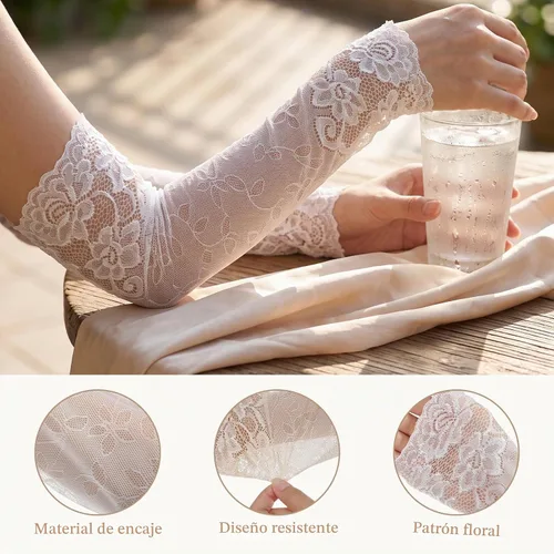 Vista 3 de SUPVOX Mangas elásticas de encaje transpirable para mujer, manga de protección solar con codera, ligera, patrón floral, mangas de protección solar