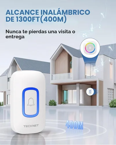 Vista 5 de TeckNet - Timbre de puerta inalámbrico, impermeable, funciona a 1000 pies con 38 melodías, 4 niveles de volumen y flash de luz LED (blanco)