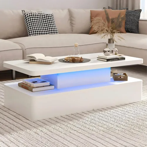 Vista 11 de Mesas modernas de sala de estar, mesa de centro LED con luces LED, mesa central rectangular de 2 niveles con gran almacenamiento, superficie de alto
