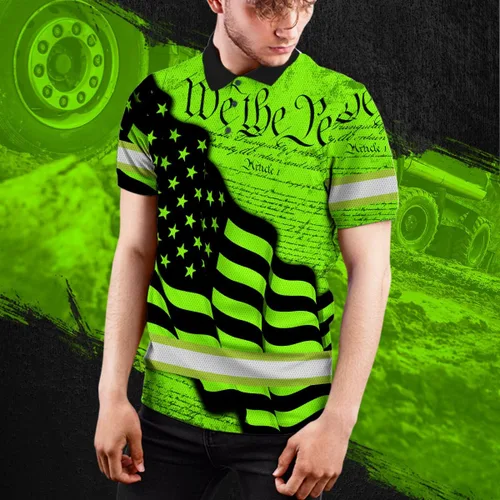 Vista 7 de Maddly Polo de alta visibilidad con diseño de calavera y bandera de Estados Unidos, ropa de trabajo patriótica con nombre personalizado