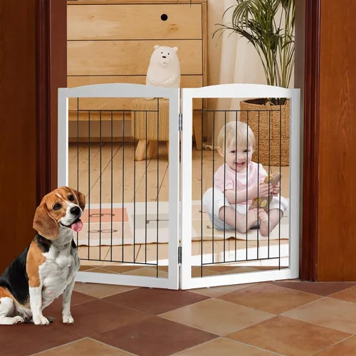 Vista 36 de ZJSF Puerta plegable independiente para perros para casa, puerta de madera extra ancha para cachorros, escaleras, puertas para mascotas, valla alta