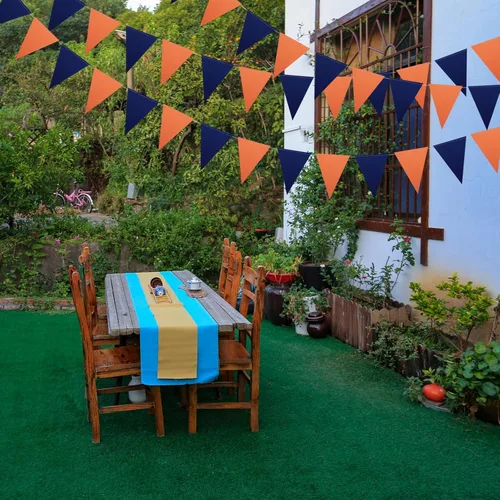 Vista 6 de Meetppy Paquete de 3 banderines de papel naranja y azul marino con purpurina de doble cara, banderines de papel triangulares, decoración colgante