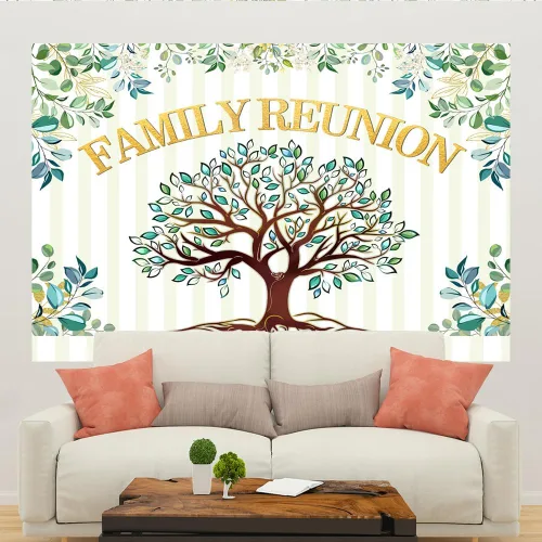 Vista 5 de Lofaris Telón de fondo de reunión familiar de 5 x 3 pies, árbol genealógico, hojas de eucalipto, bienvenidos a nuestros miembros de la familia