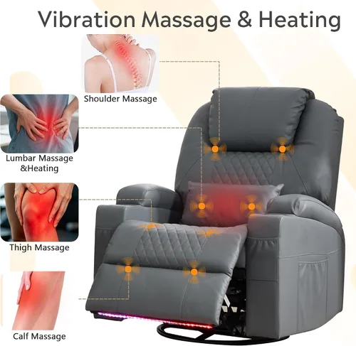 Vista 4 de Dual-Motor Power Swivel Rocker Recliner Chair with Heat & Massage Light Gray