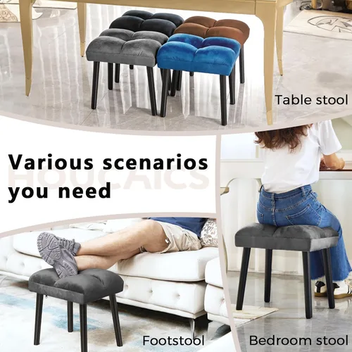 Vista 9 de Taburete de tocador gris, taburete cuadrado de maquillaje con patas de madera, silla otomana pequeña para tocador, asiento acolchado moderno