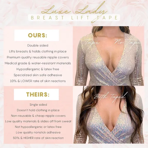 Vista 5 de Luxe Lady - Cinta adhesiva de doble cara para levantamiento de senos, cinta de moda de doble cara para ropa + fundas reutilizables con acabado mate