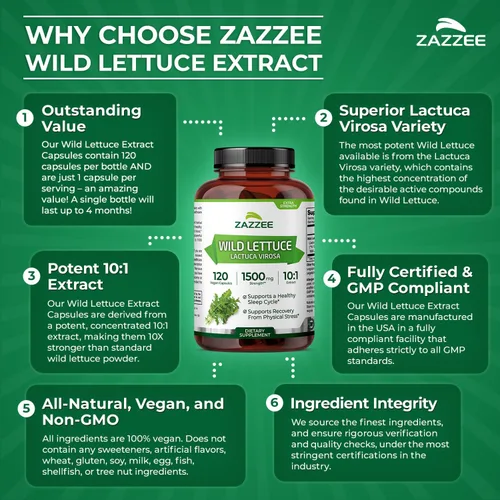 Vista 5 de Zazzee Extracto de lechuga silvestre extra fuerte 4:1, 500 mg de fuerza, 120 cápsulas veganas, potente variedad Lactuca Virosa, extracto 4X