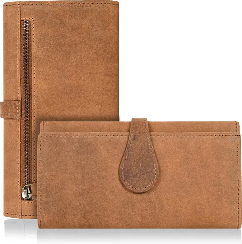 Vista 8 de Cartera de cuero genuino para mujer de cuero con bloqueo RFID - Tarjetero triple de diseñador para damas tipo clutch con ventana de identificación