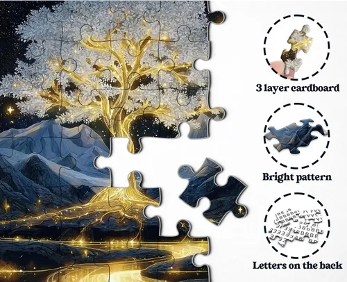 Vista 4 de Rompecabezas de árbol de la vida dorado para adultos de 1000 piezas, rompecabezas de paisaje de árbol brillante de fantasía con montañas de cielo