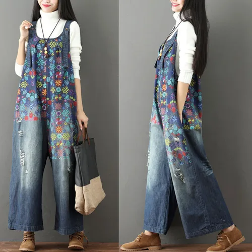 Vista 4 de Flygo Mono holgado holgado de pierna ancha para mujer, pantalones de harén