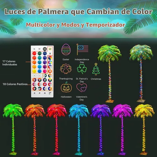 Vista 2 de Ledido - Palmera artificial iluminada de 5 pies, colorida con 3 cocos, 144 luces LED, para exteriores, con control remoto, impermeable, regulable