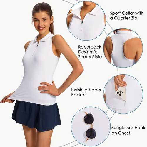 Vista 3 de MIVEI Camisetas de golf sin mangas para mujer, con espalda cruzada, con bolsillo con cremallera, cuello con cremallera de 14, secado rápido, UPF50