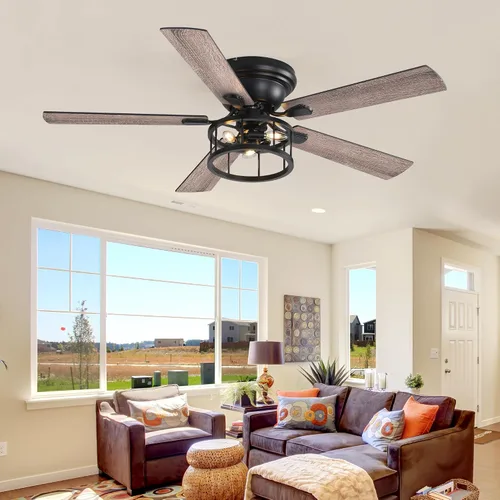Vista 6 de Ventilador de techo rústico de granja de montaje empotrado de 52 pulgadas con luz y control remoto, motor AC reversible, 5 aspas de doble acabado