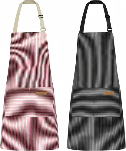 Vista 23 de NLUS Paquete de 2 delantales de cocina ajustables con babero, delantal de chef suave con 2 bolsillos para hombres y mujeres (rayas negras)