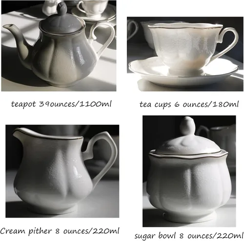 Vista 7 de GuangYang Juego de 15 piezas de té de porcelana para adultos, patrón blanco roto en relieve con ribete dorado