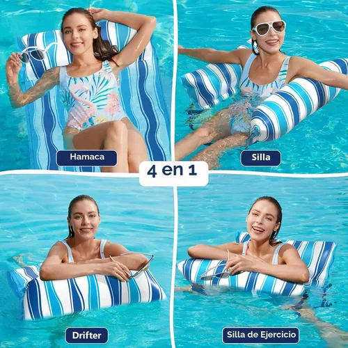 Vista 2 de Jasonwell Water Hammock Pool Floats - Fabric Inflatable Pool Hammock Float Floaties 4 in 1 (Saddle Lounge Chair Drifter) Lake Beach Floating Azul