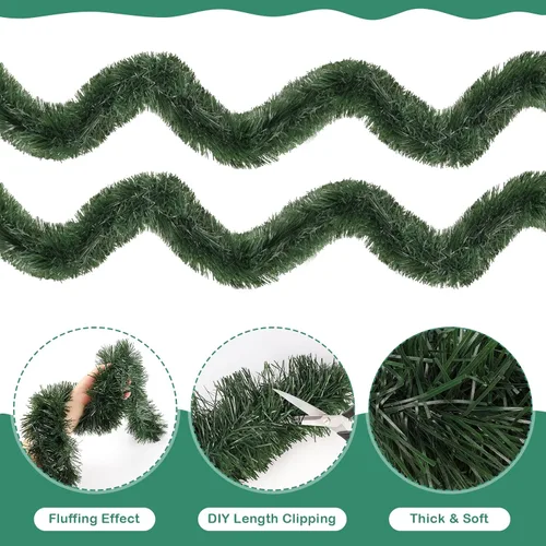 Vista 3 de Guirnalda de oropel de Navidad de 15,2 m, guirnalda metálica gruesa verde oscuro con diseño de torsión para árbol de Navidad, decoraciones