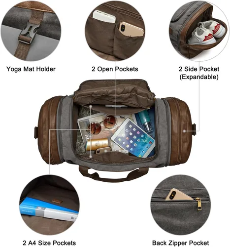 Vista 3 de S-ZONE Bolsa de lona de 65L para viajes durante la noche, bolsa de lona con compartimento para zapatos para hombres y mujeres, Gris, Bolsa de lona