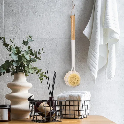 Vista 6 de BTYMS Cepillo de esponja de baño con mango largo para ducha de 17 pulgadas, cepillo exfoliante de doble cara, cepillo para el cuerpo de ducha