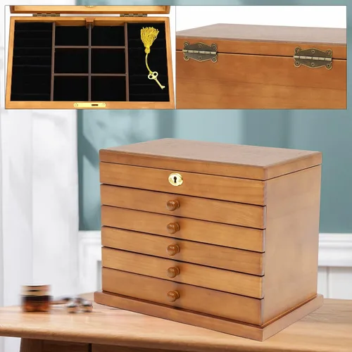 Vista 3 de Joyero organizador de 6 capas con cerradura y espejo, cajas de joyería de madera de trébol de cuatro hojas de la suerte y organizadores