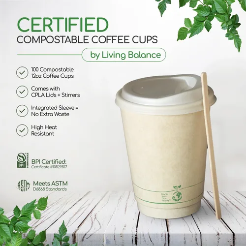 Vista 2 de Living Balance - Tazas de café compostables certificadas con tapas, 12 onzas, paquete de 100 con agitadores y mangas integradas, resistentes