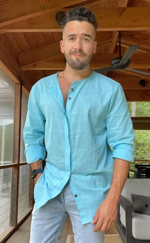 Vista 4 de COOFANDY Camisa de algodón y lino para hombre, camisa de playa casual con botones y manga larga