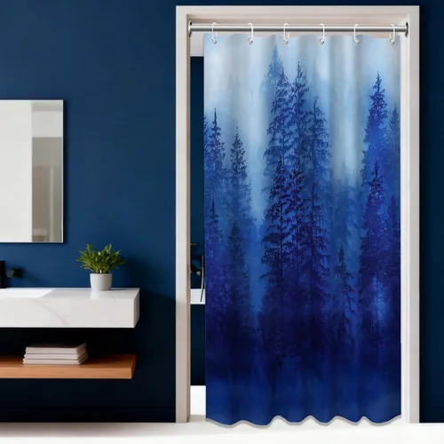 Vista 13 de Cortina de ducha estrecha para hombre, diseño de bosque negro y gris, para casa rodante, juego de decoración de baño, tela impermeable con ganchos