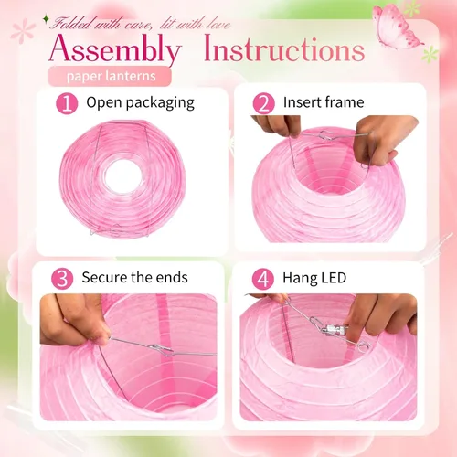 Vista 8 de Linternas de papel chino rosa con luces LED, paquete de 10