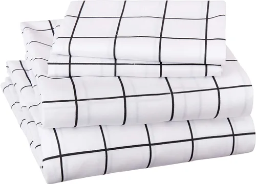 Vista 2 de Amazon Basics Juego de sábanas de microfibra suave de 4 piezas con bolsillos laterales elásticos, Full, cuadrícula negra, geométrico