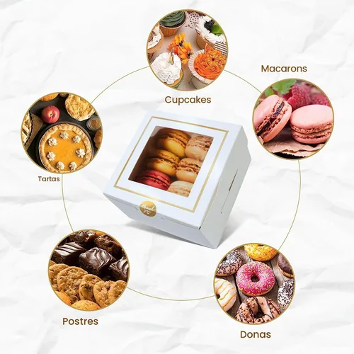 Vista 5 de Cajas de panadería blancas con ventana (30 unidades) de 4 x 4 x 2.5 pulgadas, pequeñas 4 pulgadas para tartas, galletas, macarrones, postres