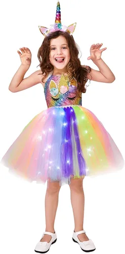 Vista 7 de Viyorshop Disfraz de unicornio para niña, vestido de tutú de unicornio con luz LED para disfraces de fiesta de Halloween