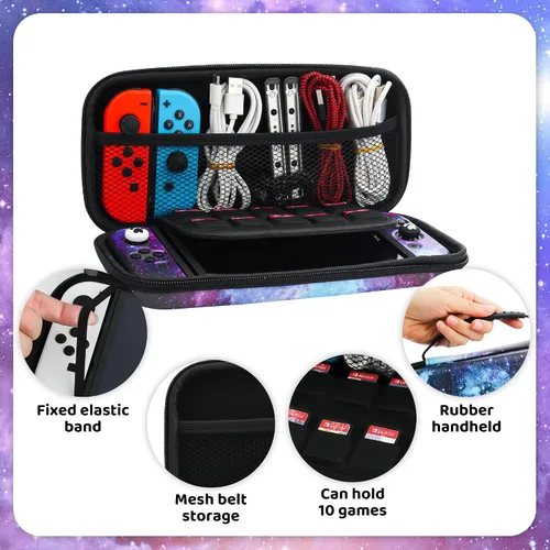 Vista 3 de Funda de transporte para Nintendo Switch, funda de almacenamiento portátil de viaje estrellada morada con funda protectora de TPU suave, protector