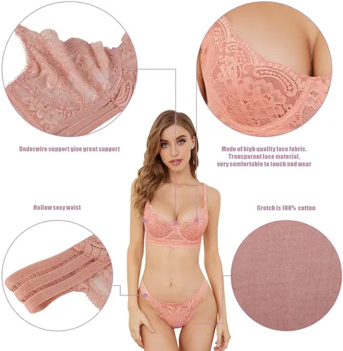 Vista 6 de Conjunto de lencería de encaje suave para mujeres Conjunto de sujetador y bragas de encaje floral de encaje transparente