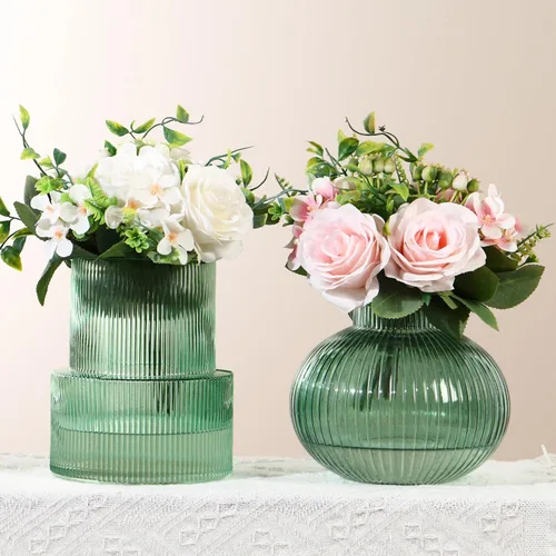 Vista 74 de Jarrones de vidrio acanalado, juego de 2 jarrones estriados para flores, florero de vidrio ámbar para tulipanes, jarrón moderno para sala de estar