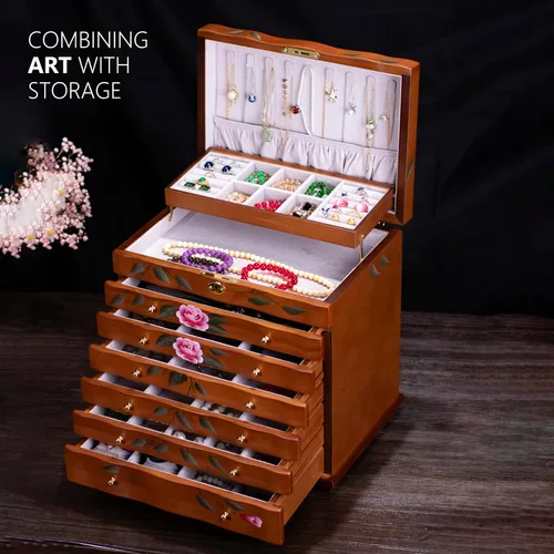 Vista 9 de Joyero de madera, joyeros para mujer, caja grande para joyas y organizadores con colgador de collares, organizador de joyas, organizador de joyas