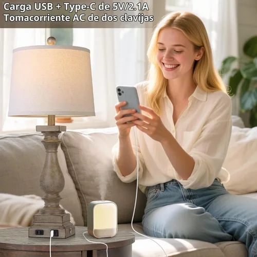 Vista 3 de Lámpara de Mesa de Granja de 28 Pulgadas de Alto con Puertos USB C+A y Salida de CA, Control Táctil de 3 Vías, Lámpara de Noche Rústica